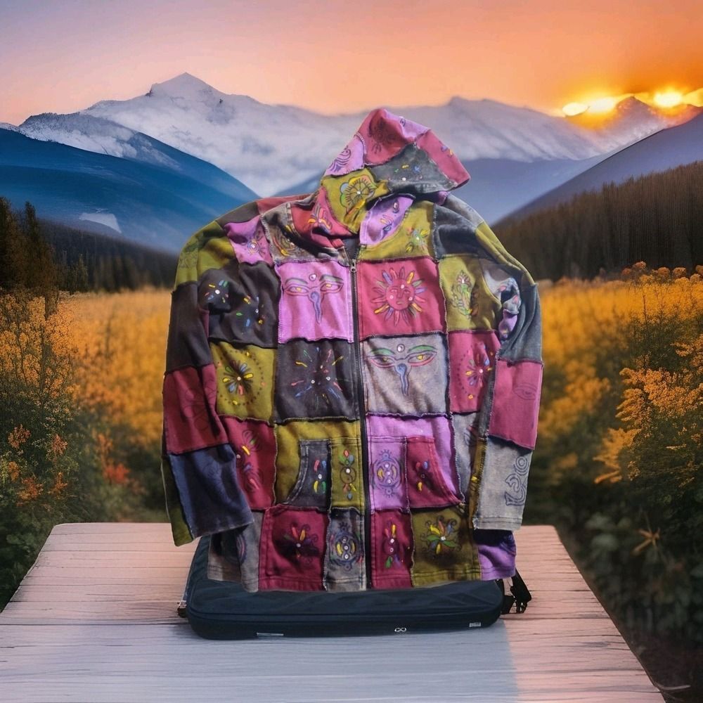 Greater Good Women's Boho Chic Patchwork Hippie Full Zip Hoodie Size XL 1391